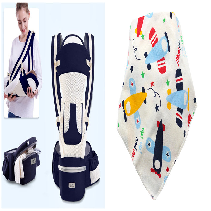 Baby carrier and matching bib set. The carrier is navy and white, shown worn by a model and on its own. The bib features colorful airplane patterns.