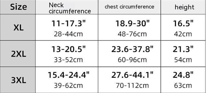 Size chart for XL to 3XL. XL: Neck 28-44cm, Chest 48-76cm, Height 42cm. 2XL: Neck 33-52cm, Chest 60-96cm, Height 54cm. 3XL: Neck 39-62cm, Chest 70-112cm, Height 63cm.