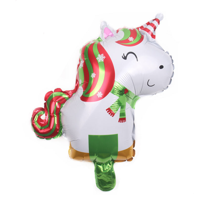 Festive unicorn balloon with red and green striped mane, decorated with snowflakes. It wears a candy-striped party hat and a green scarf.