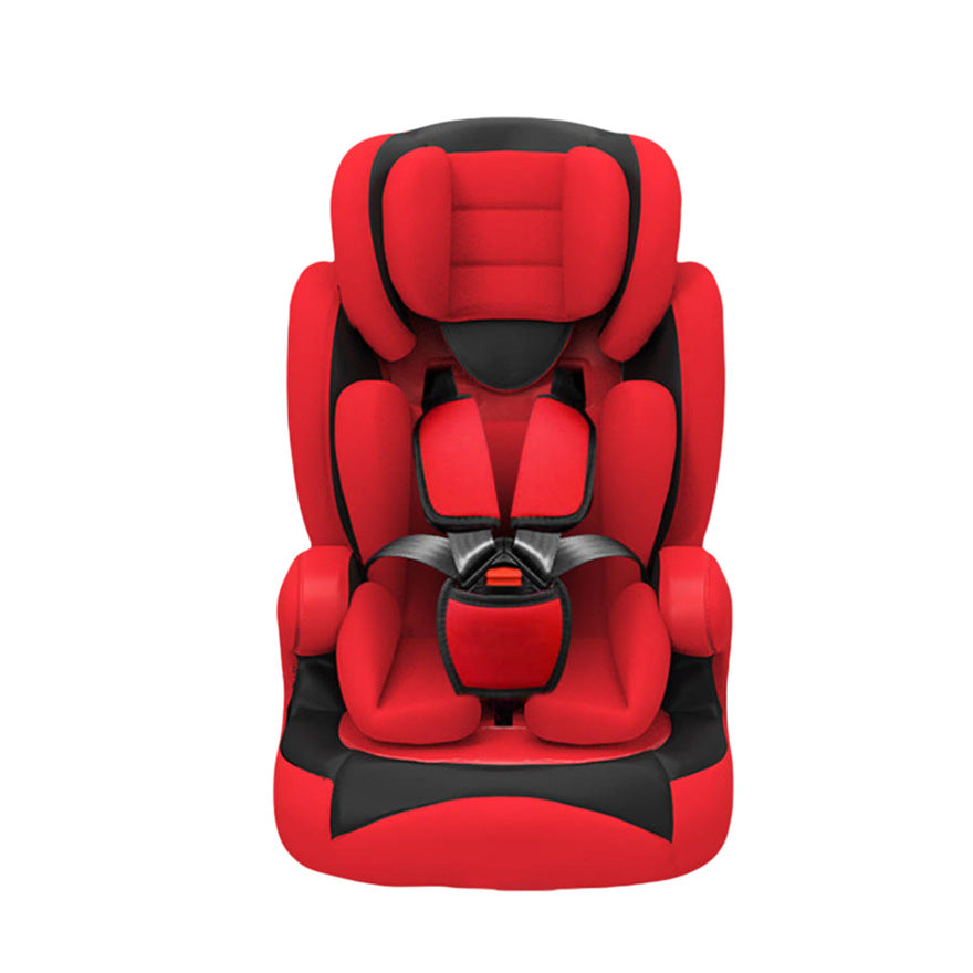 Red and black children's car seat with cushioned headrest and adjustable harness, designed for safety and comfort.