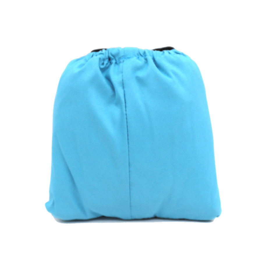 A blue cloth bag with a drawstring closure, shown from the front. The fabric appears soft and has visible stitching in the middle.