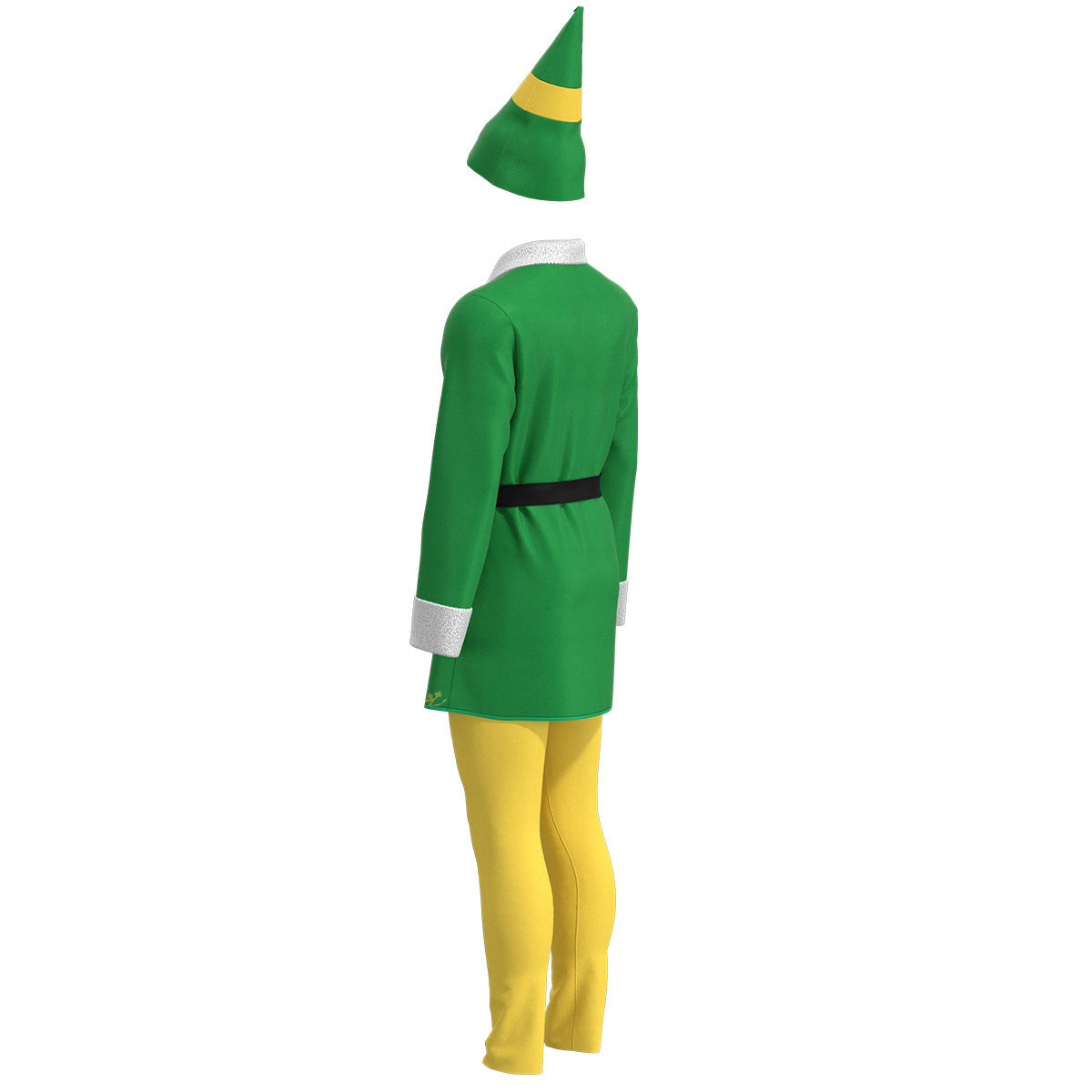Person in a green elf costume with a pointed hat, white cuffs, black belt, and yellow tights, viewed from the back against a white background.