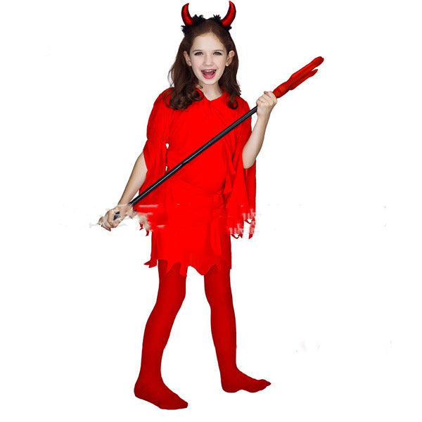Young girl in a red devil costume with horns, holding a trident. She smiles widely against a plain white background, embodying a playful Halloween spirit.