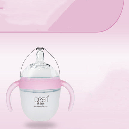 Baby bottle with pink handles and clear nipple, set against a pastel pink background. The brand name "ipearl" is visible on the bottle's surface.