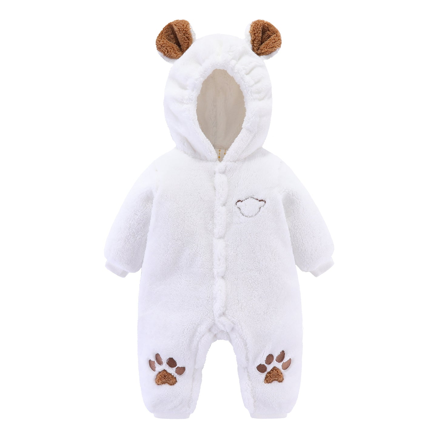 White fluffy baby onesie with bear ears on hood, bear face embroidered on chest, and brown paw prints on the feet, designed for warmth and comfort.