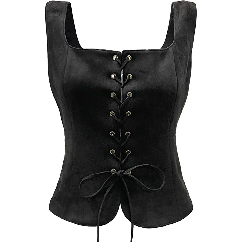 Black corset-style top with lace-up front and square neckline, featuring metal eyelets for the lacing and a bow at the bottom. Simple and fitted design suitable for various styles.