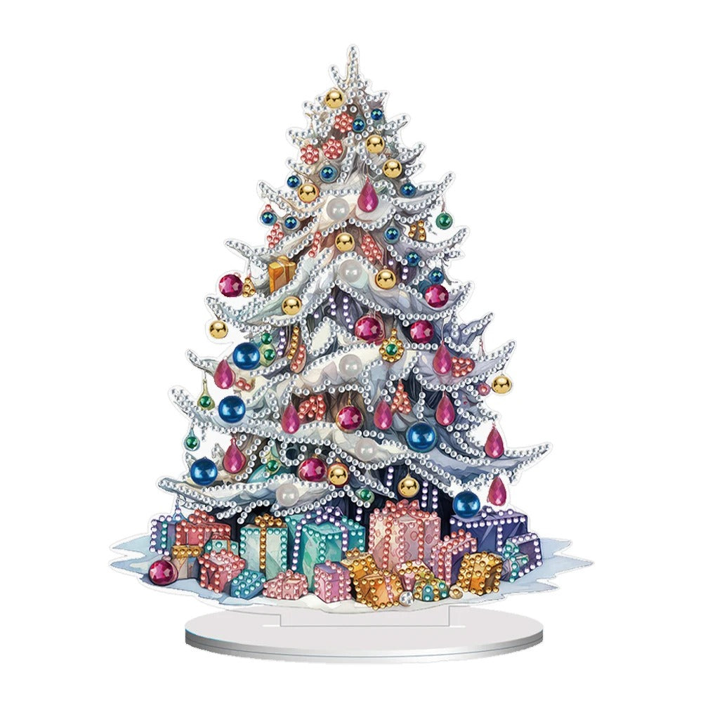 Festive Christmas tree adorned with colorful baubles, pearls, and jewels. Presents wrapped in vibrant patterned paper are piled underneath, creating a cheerful holiday scene.