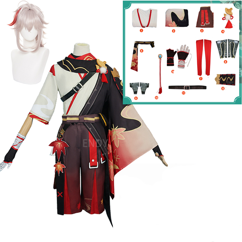 Anime-inspired costume with a multi-colored kimono, belts, gloves, and accessories. Includes a white wig and displayed items such as a sash, socks, and arm guards in a grid layout.