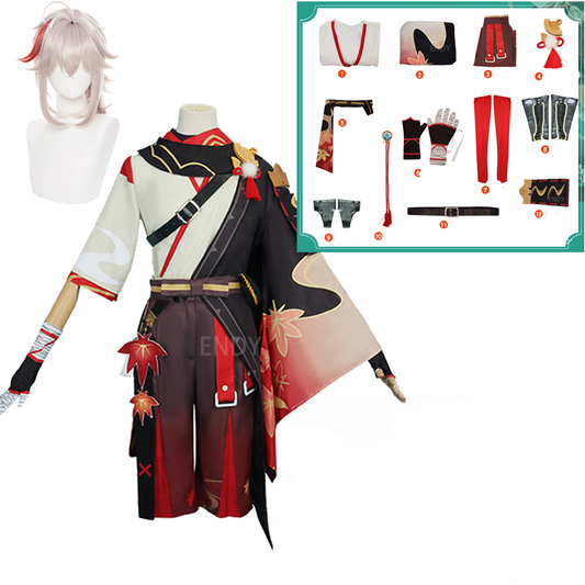 Anime-inspired costume with a multi-colored kimono, belts, gloves, and accessories. Includes a white wig and displayed items such as a sash, socks, and arm guards in a grid layout.