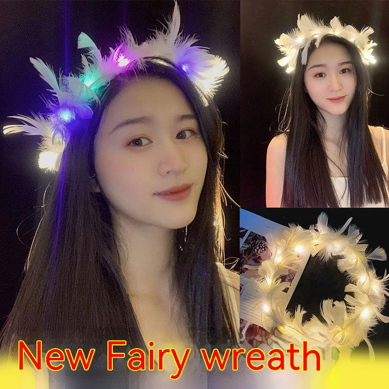 Woman wearing glowing feather wreath with multicolored lights in two poses. Close-up shows white feathers and colorful lights. Text reads "New Fairy Wreath."