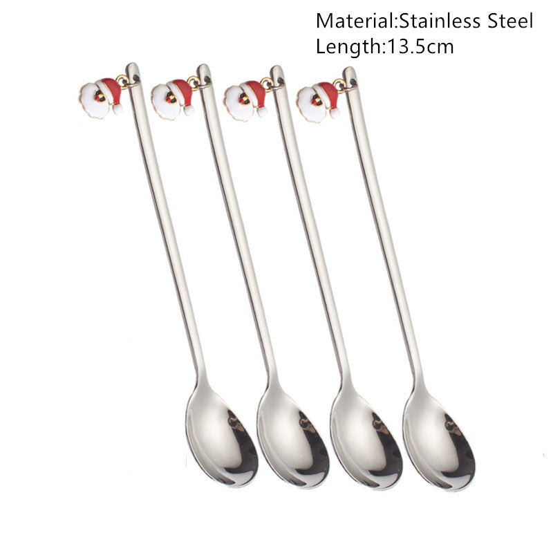 Four stainless steel spoons with Santa hats on the handles. Each spoon is 13.5 cm long, featuring a festive design ideal for holiday dining.