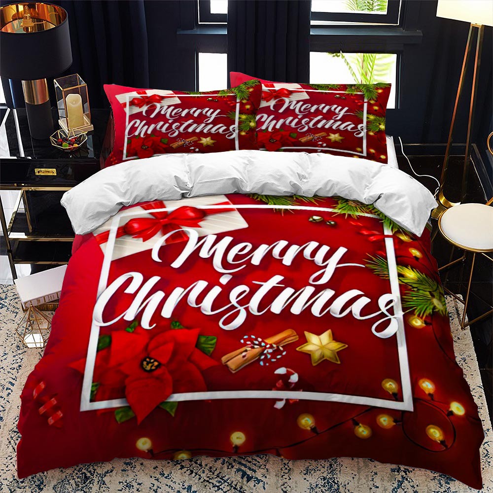 Festive bedroom with a red and white "Merry Christmas" themed bedding set featuring gifts, poinsettias, and Christmas lights, creating a cozy holiday atmosphere.