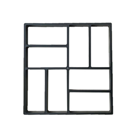 Square plastic mold with seven rectangular compartments, varying in size, used for garden or concrete stepping stones, isolated on a white background.