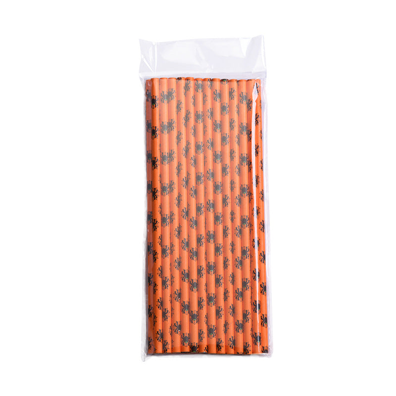 Pack of orange pencils with black spider designs, arranged neatly in a clear plastic bag.