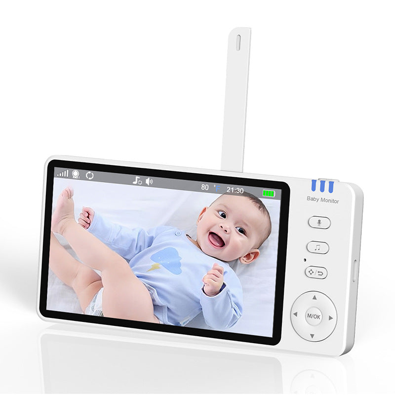 Digital baby monitor with a screen displaying a smiling baby in a blue onesie. The device features buttons for navigation and speaker control, with an antenna on top.