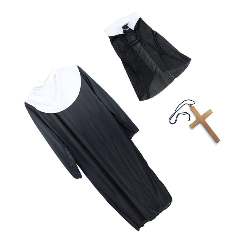 Black and white nun costume set including a long dress, shoulder cape, and wooden cross necklace on a white background.