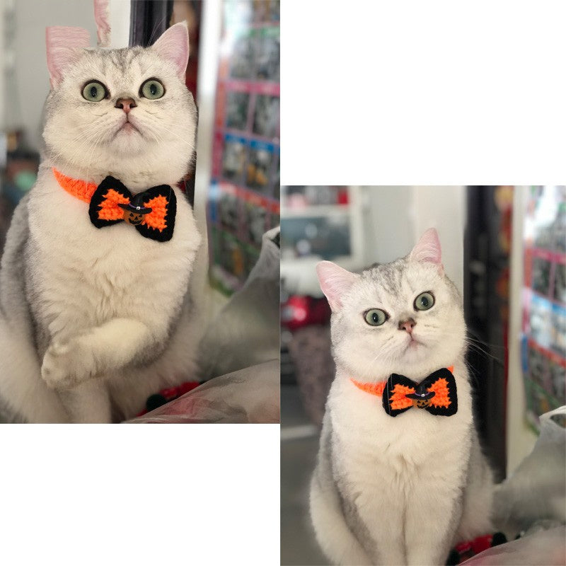 Fluffy cat wearing an orange and black bow tie with a pumpkin design, sitting indoors. The cat has a curious expression with wide green eyes and perked ears.
