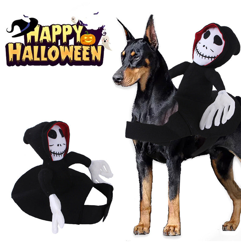 Dog wearing a Halloween costume featuring a skeleton figure riding on its back. "Happy Halloween" text with spooky icons is visible in the corner.