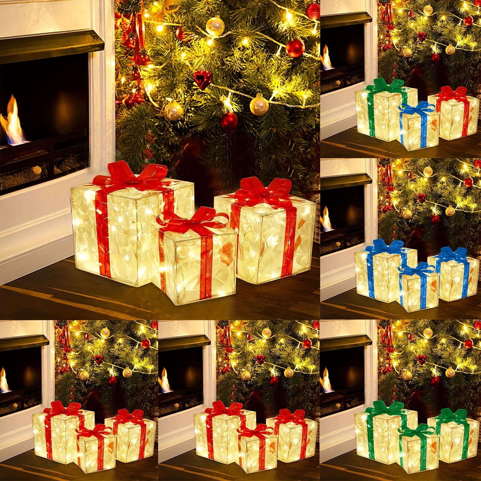 Illuminated gift boxes with colorful bows are placed by a lit fireplace and a decorated Christmas tree, creating a festive and cozy atmosphere.
