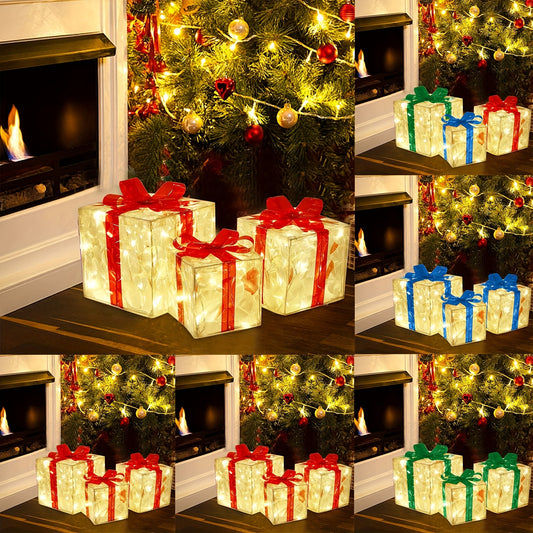 Illuminated gift boxes with colorful bows are placed by a lit fireplace and a decorated Christmas tree, creating a festive and cozy atmosphere.