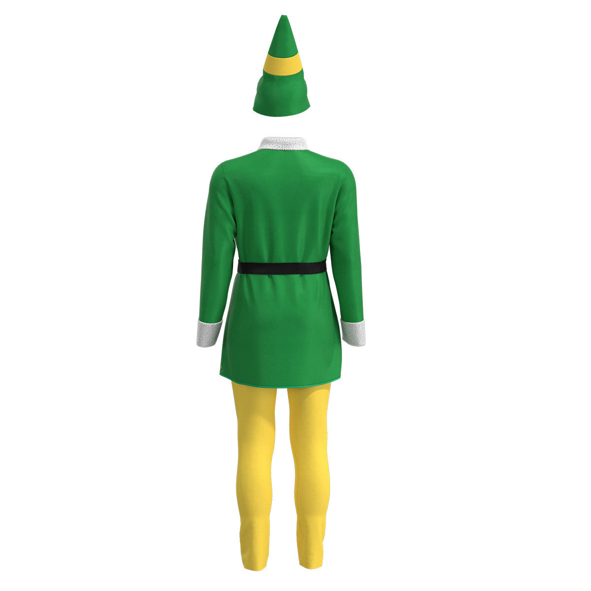 Back view of a green elf costume with a black belt, white cuffs, and a pointed hat. The outfit includes yellow leggings, resembling a whimsical holiday character.