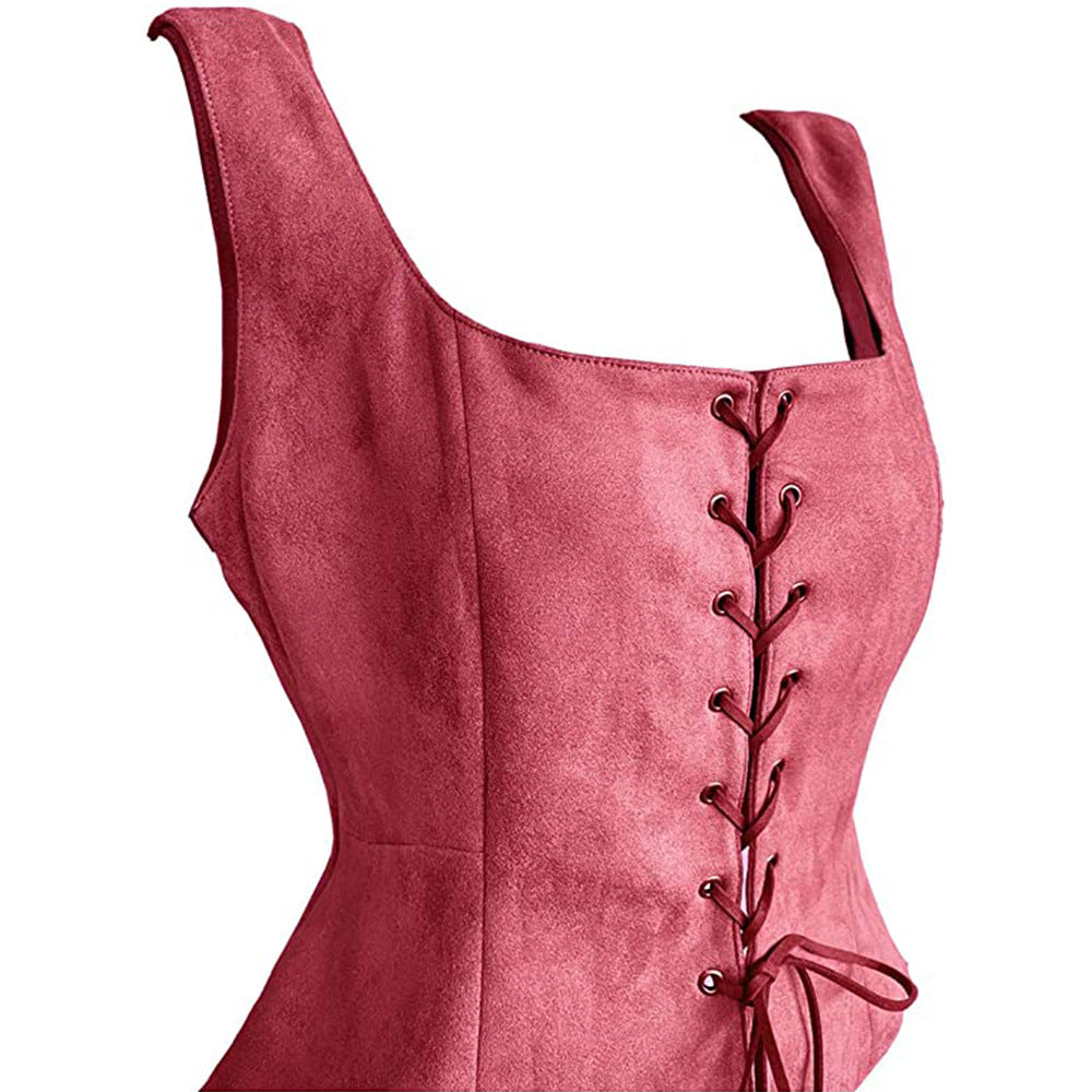 Red suede corset with wide shoulder straps and front lace-up detailing. The fitted bodice showcases a textured fabric and intricate metal eyelets for the lacing.