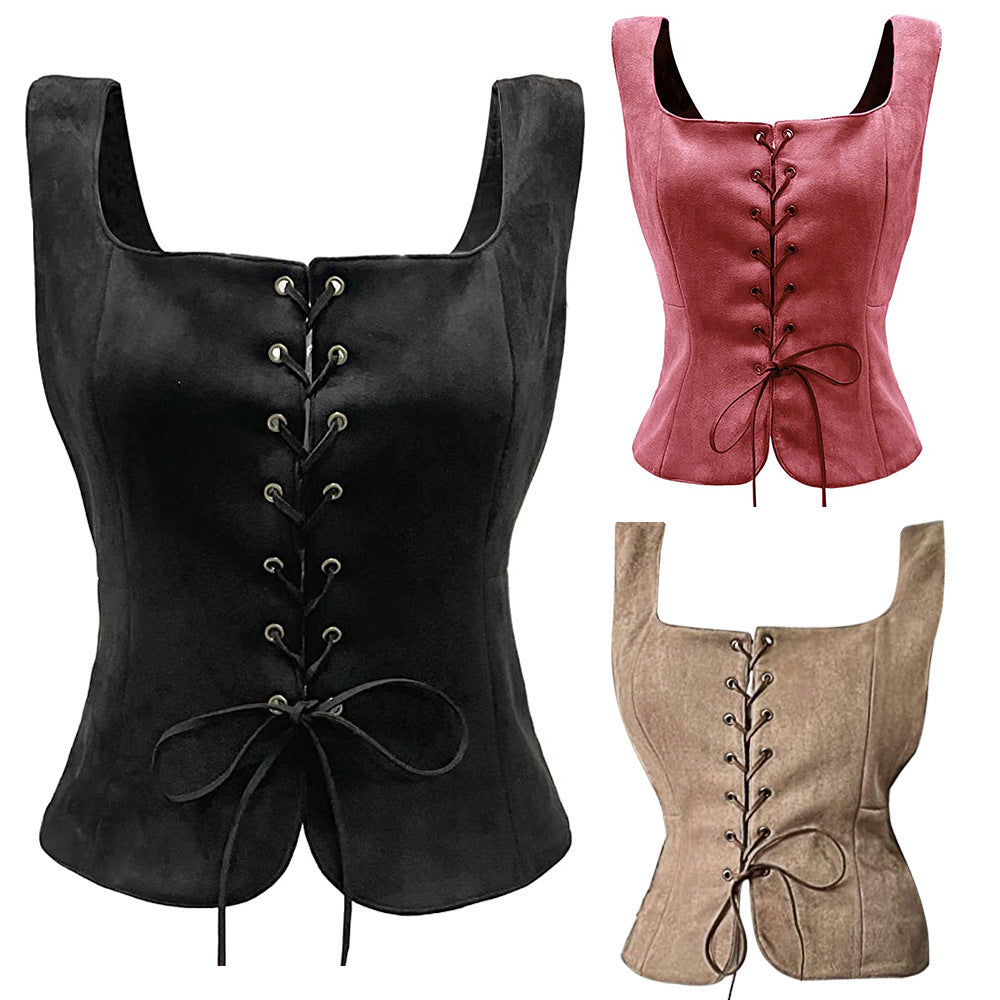 Three sleeveless lace-up corsets in black, pink, and beige. Each corset features a square neckline and front tie detail with eyelets for a fitted, stylish look.