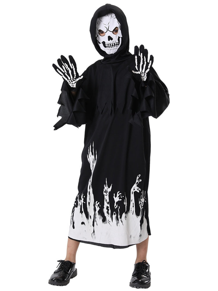 Person in a black hooded costume with skeleton mask and gloves, featuring ghostly white hands reaching up from the hem. The outfit is paired with black shoes.