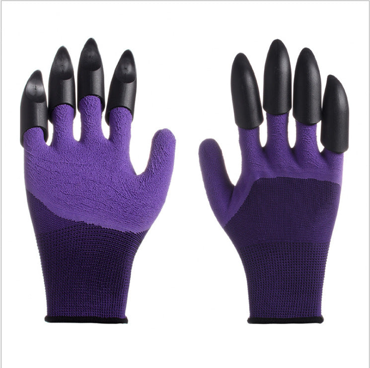 Purple gardening gloves with black claw-like fingertips, shown from both front and back. The gloves are textured for grip, ideal for digging in soil.