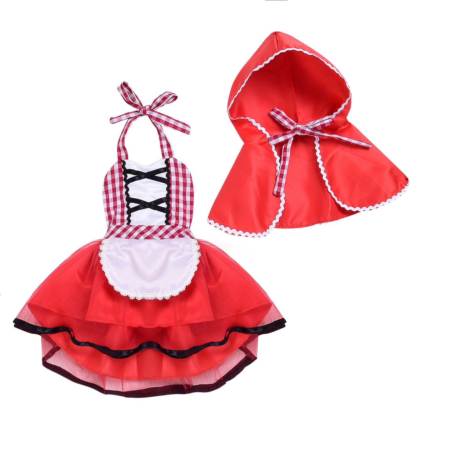 Red and white checkered dress with black lace-up accents, a red tulle skirt, and a white apron. Comes with a matching red hooded cape with checkered ribbon.