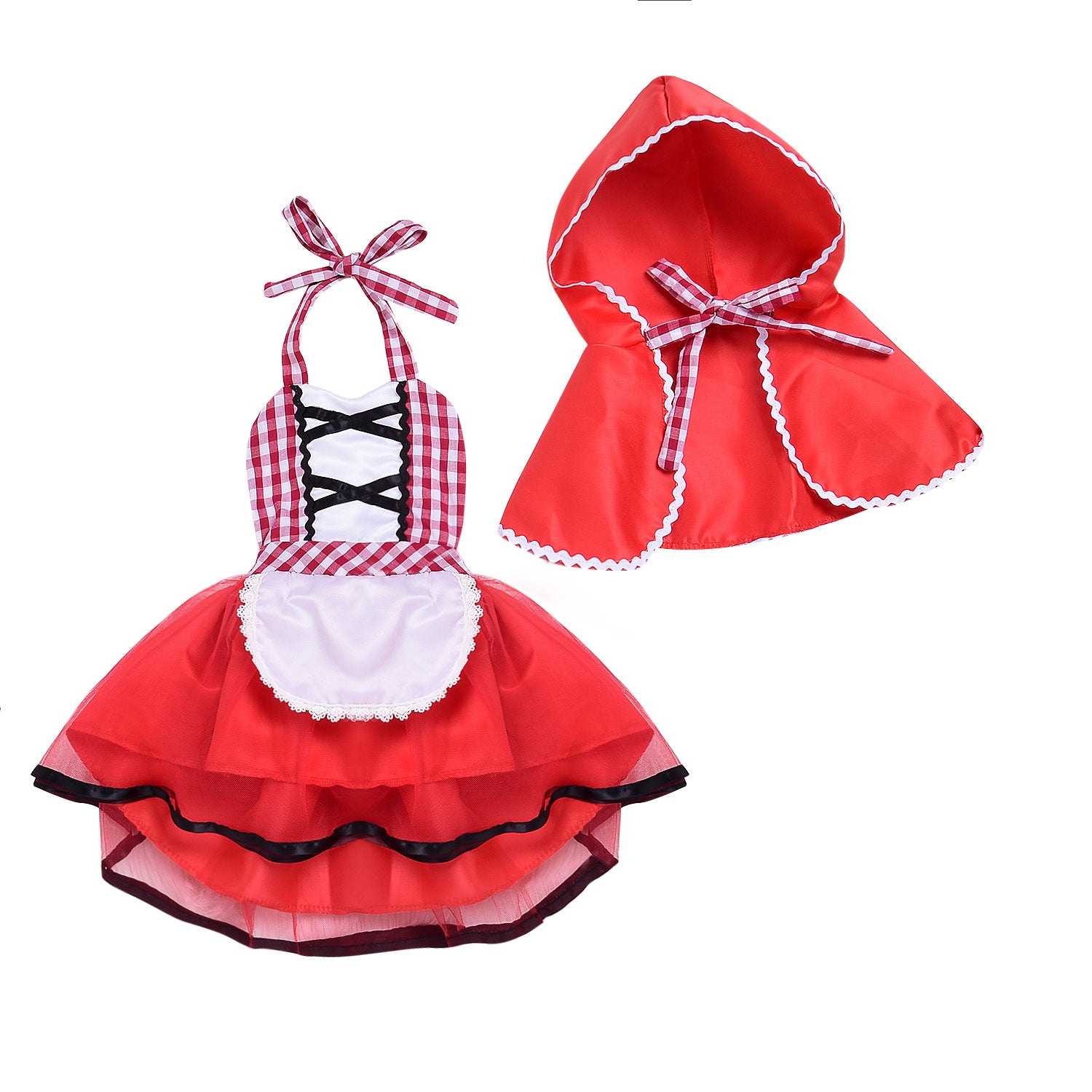 Red and white checkered dress with black lace-up accents, a red tulle skirt, and a white apron. Comes with a matching red hooded cape with checkered ribbon.