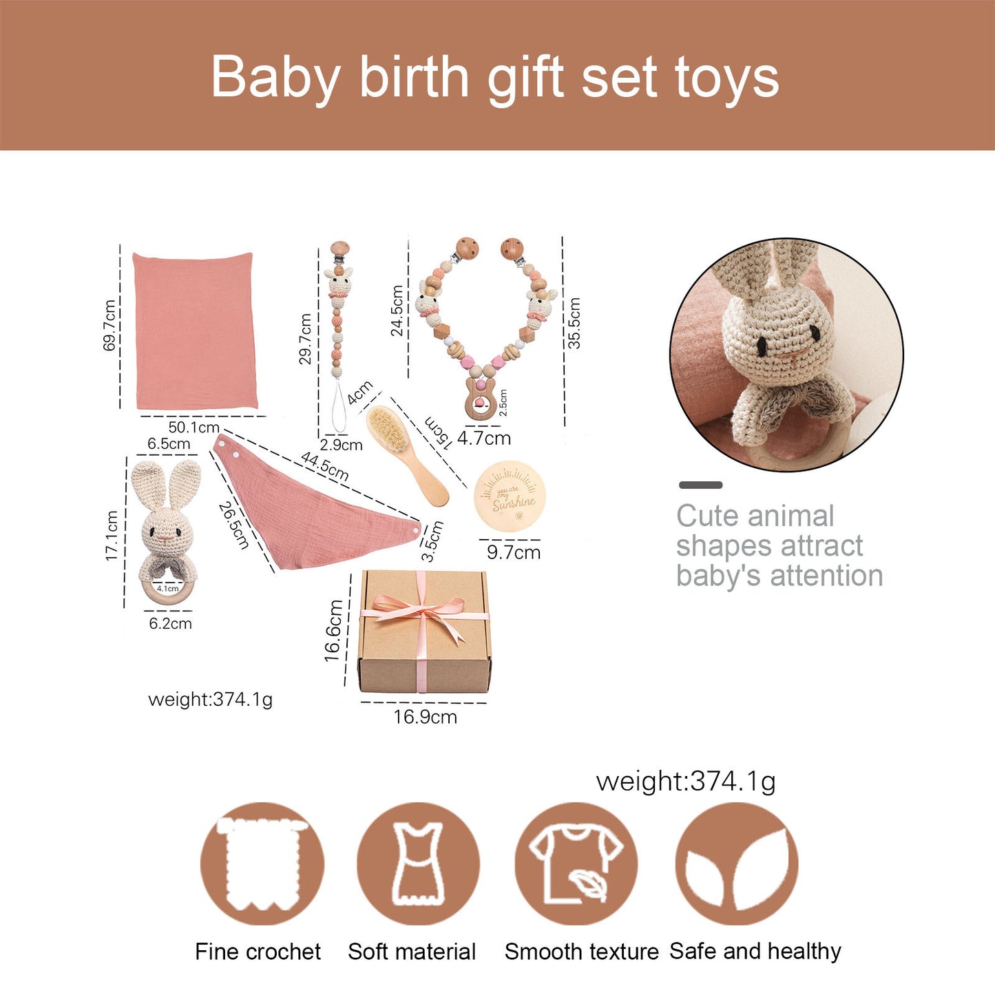 Baby birth gift set includes a blanket, crochet toys, beaded pacifier holder, teether, wooden brush, bib, round plaque, and gift box. Features soft, safe materials and cute designs.