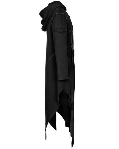 Side view of a long black coat with a hood, asymmetrical hem, and button details on shoulders and pocket. The coat has a layered, flowing design with draped edges.