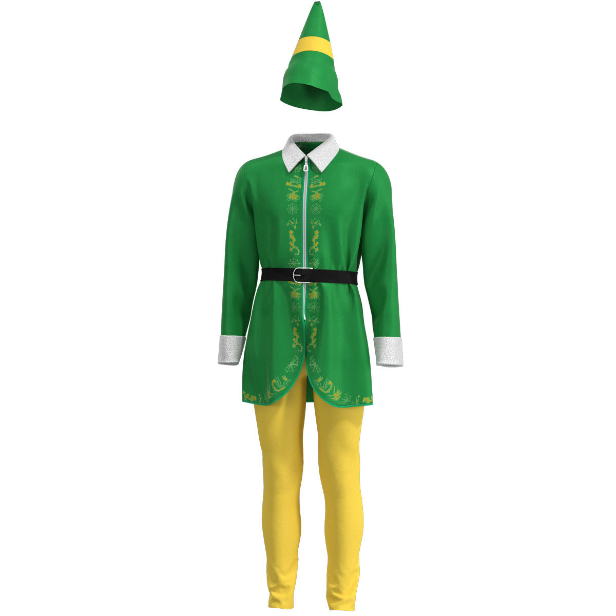 Green elf outfit with yellow tights and a belt, featuring decorative patterns on the tunic. A matching green and yellow hat floats above the ensemble.