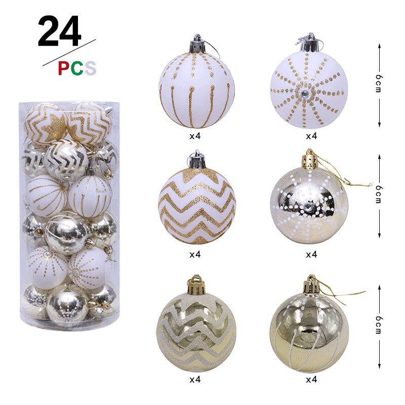 Set of 24 white and gold Christmas ornaments with various designs including stripes, dots, and chevrons. Ornaments are 6 cm in size and packaged in a clear cylindrical container.