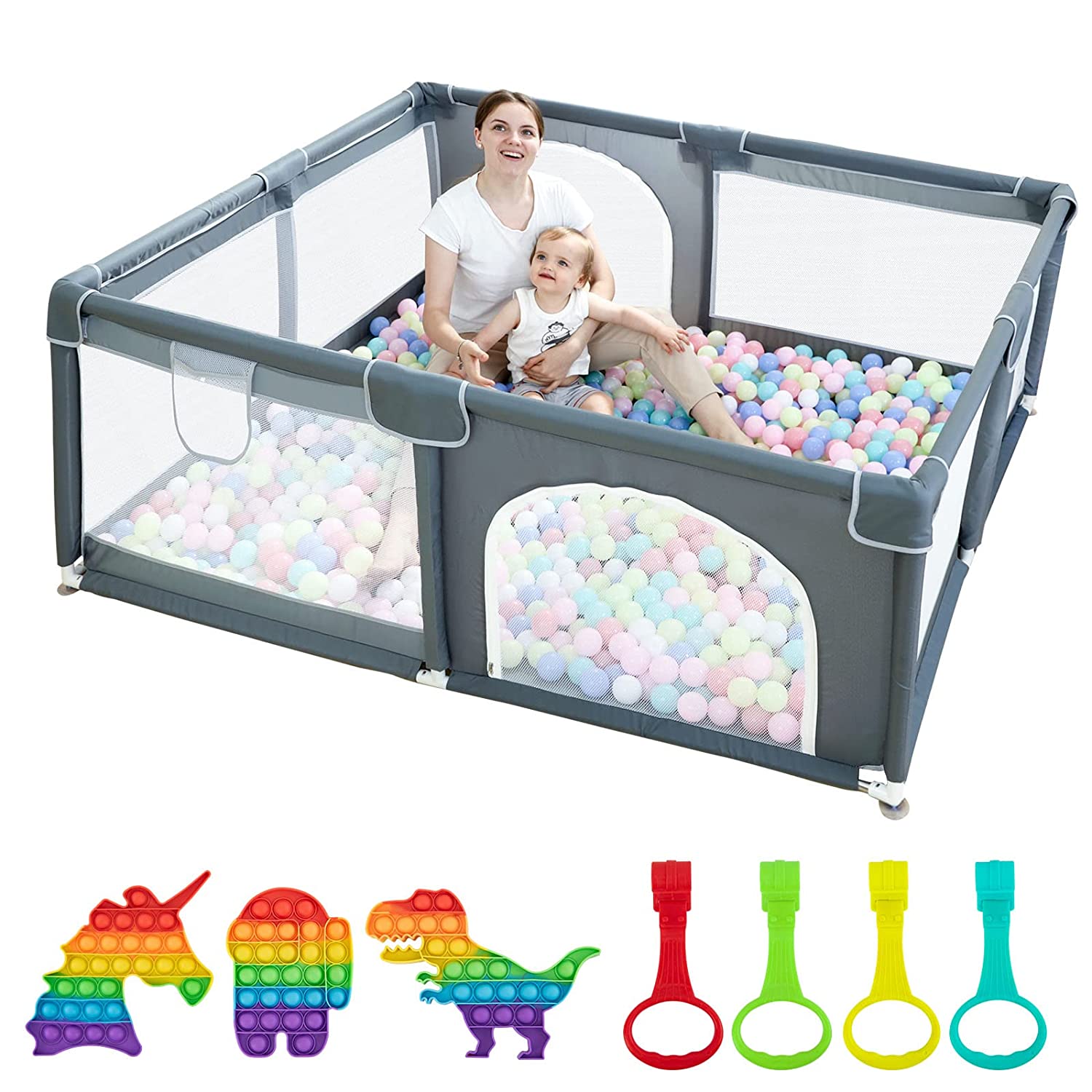 Mother and child sitting in a gray playpen filled with colorful plastic balls. Below are rainbow dinosaur, unicorn, and other fidget toys alongside colorful straps.