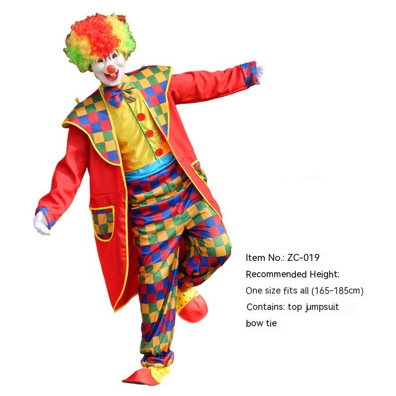 Clown in a vibrant costume with a red coat, checkered pants, and a colorful wig, posing playfully. Text on the side details the item specs and recommended height.