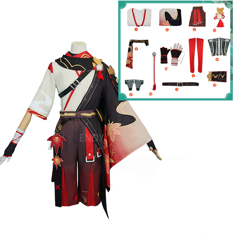 Detailed anime-inspired costume with red, white, and black elements, featuring a one-sleeved design. Includes additional accessories like gloves and belts displayed in a separate box.