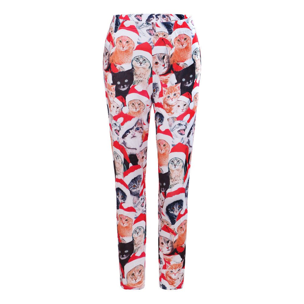Colorful leggings featuring a festive design with multiple cats wearing Santa hats against a white background. The cats are in various colors and expressions, celebrating Christmas.