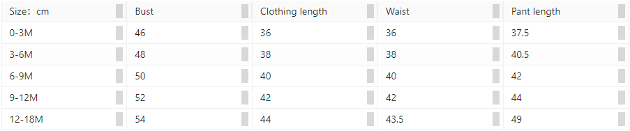 Size chart for baby clothing in centimeters, showing bust, clothing length, waist, and pant length for ages 0-3M to 12-18M. Measurements increase with age.