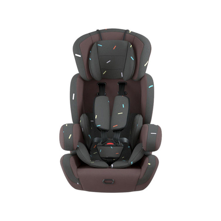 Brown and gray child car seat with colorful pattern accents, featuring adjustable headrest, padded sides, and a five-point harness for safety and comfort.
