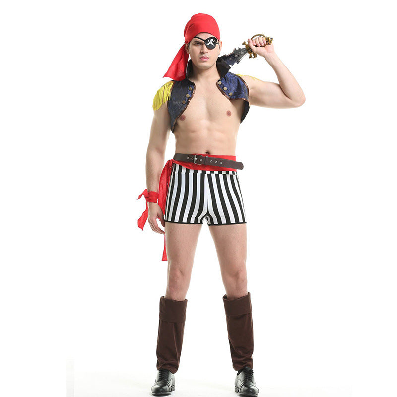 Man in a pirate costume with red bandana, eye patch, and sword, wearing a striped vest and shorts, brown boots, and shoulder cape, posing confidently.