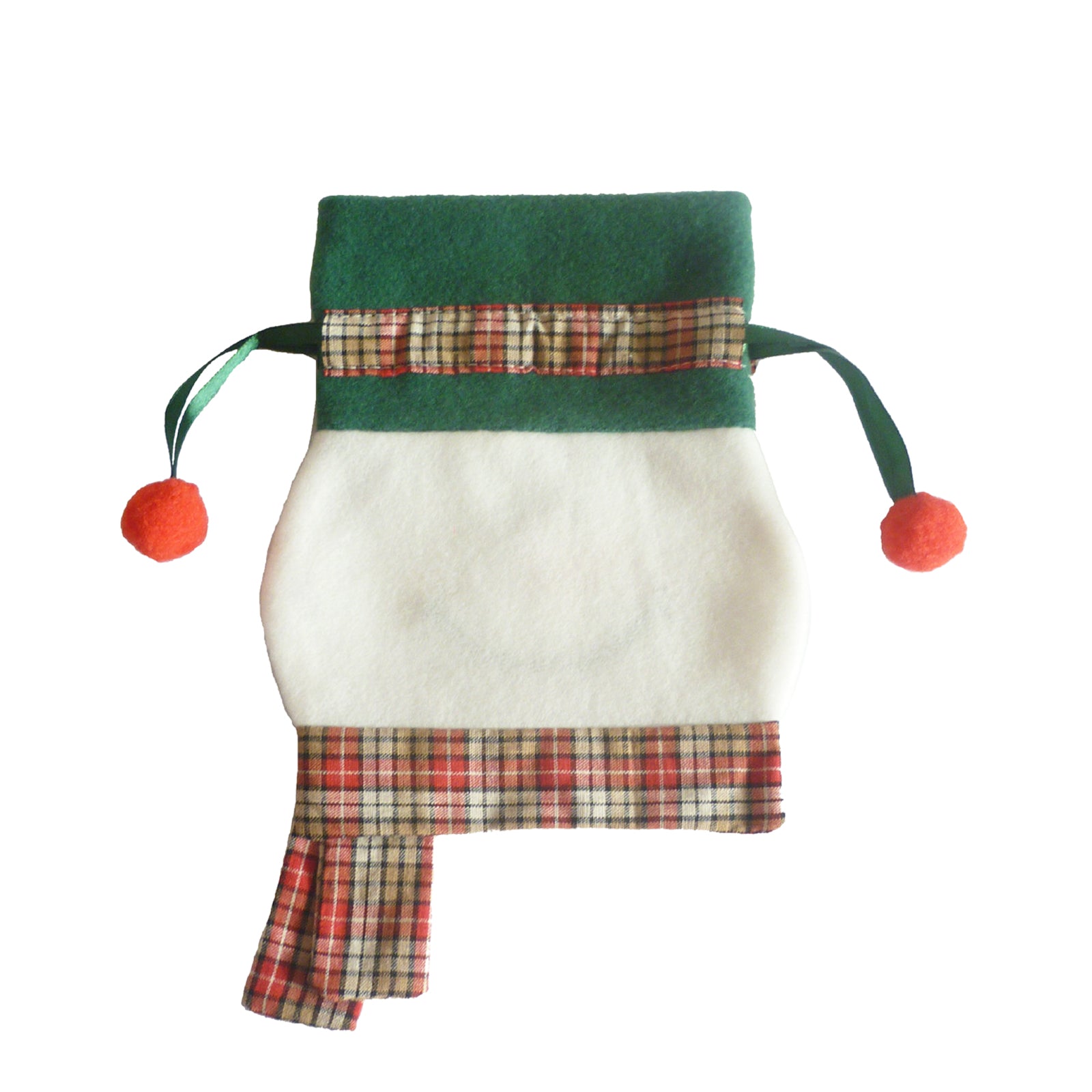 Festive plaid fleece bag with a green top, plaid trim, and red drawstring pom-poms, styled like a snowman. Compact with a plaid scarf detail at the bottom.