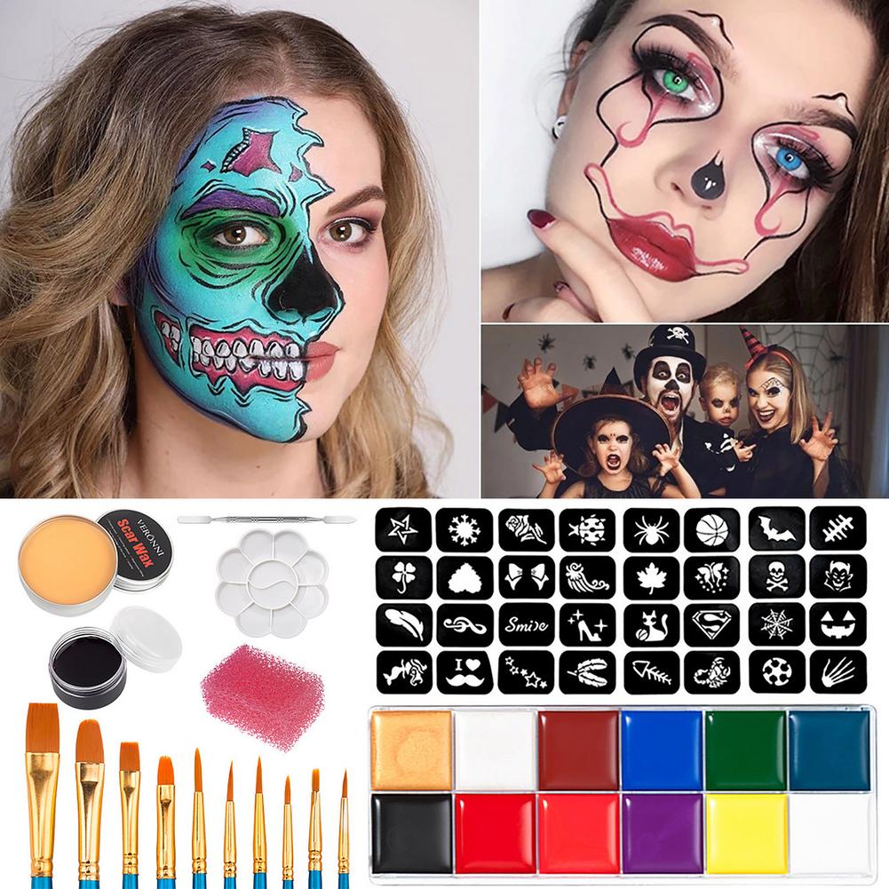A collage showing face painting designs, including a zombie, clown, and family in costumes. Below, there's face paint, brushes, and stencil designs for Halloween makeup.
