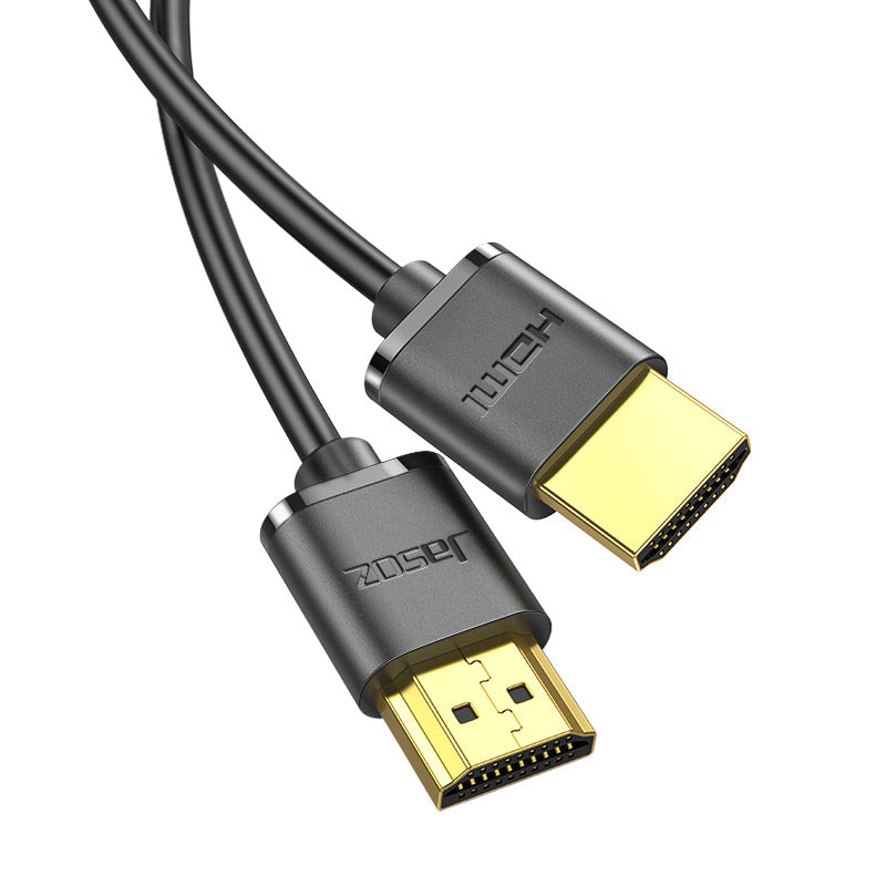 Two black HDMI cables with gold-plated connectors, featuring the text "HDMI" on one connector and a brand logo on the other, isolated on a white background.