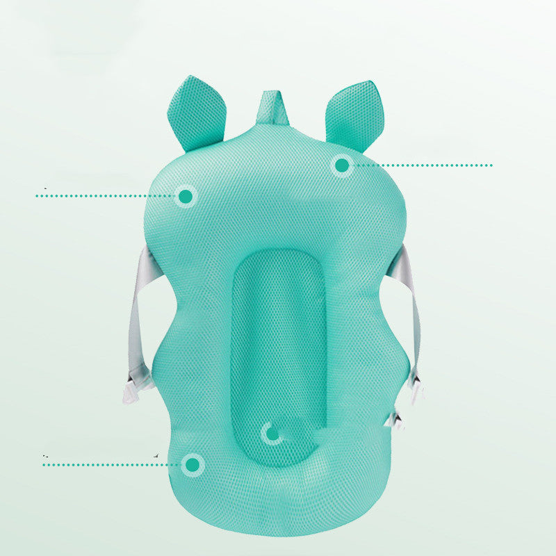 Teal baby bath cushion with ear-shaped accents, designed for comfort and support. Features adjustable straps and a central groove for stability.
