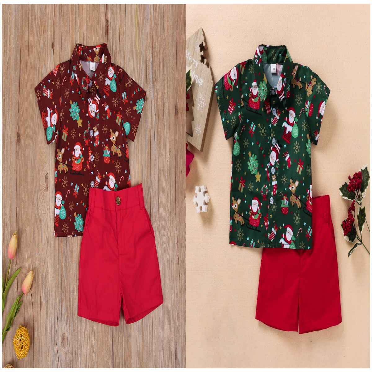 Two kids' outfits: One with a red shirt featuring Santa, reindeer, and snowflakes, paired with red shorts. The other is similar with a green shirt. Festive decor surrounds them.