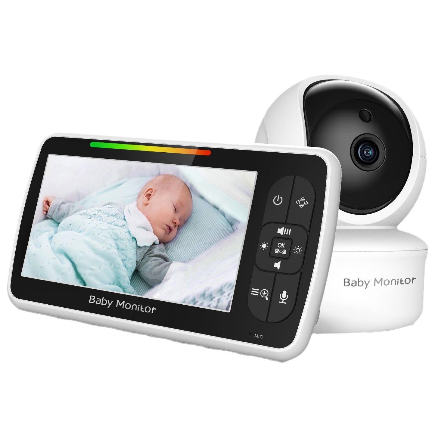 Baby monitor system with a camera and screen. The display shows a sleeping baby wrapped in a blue blanket. The monitor features control buttons on the side.