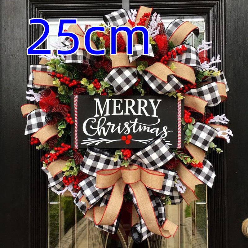 Festive Christmas wreath with black-and-white plaid and burlap ribbons, red berries, and green foliage, featuring a central "Merry Christmas" sign. Size: 25cm.