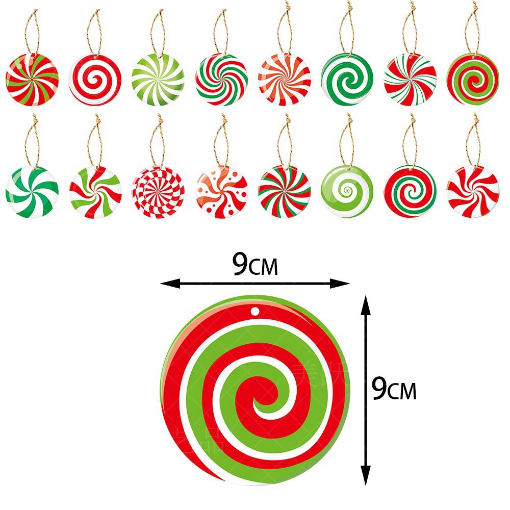 Fourteen Christmas ornaments with red, green, and white swirls and patterns; includes size details indicating 9 cm diameter.